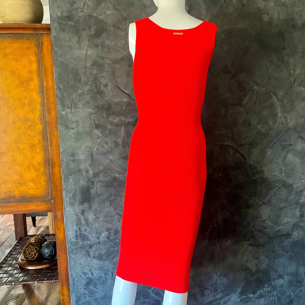 Michael Kors Red Sheath Midi Dress Scoop Neck